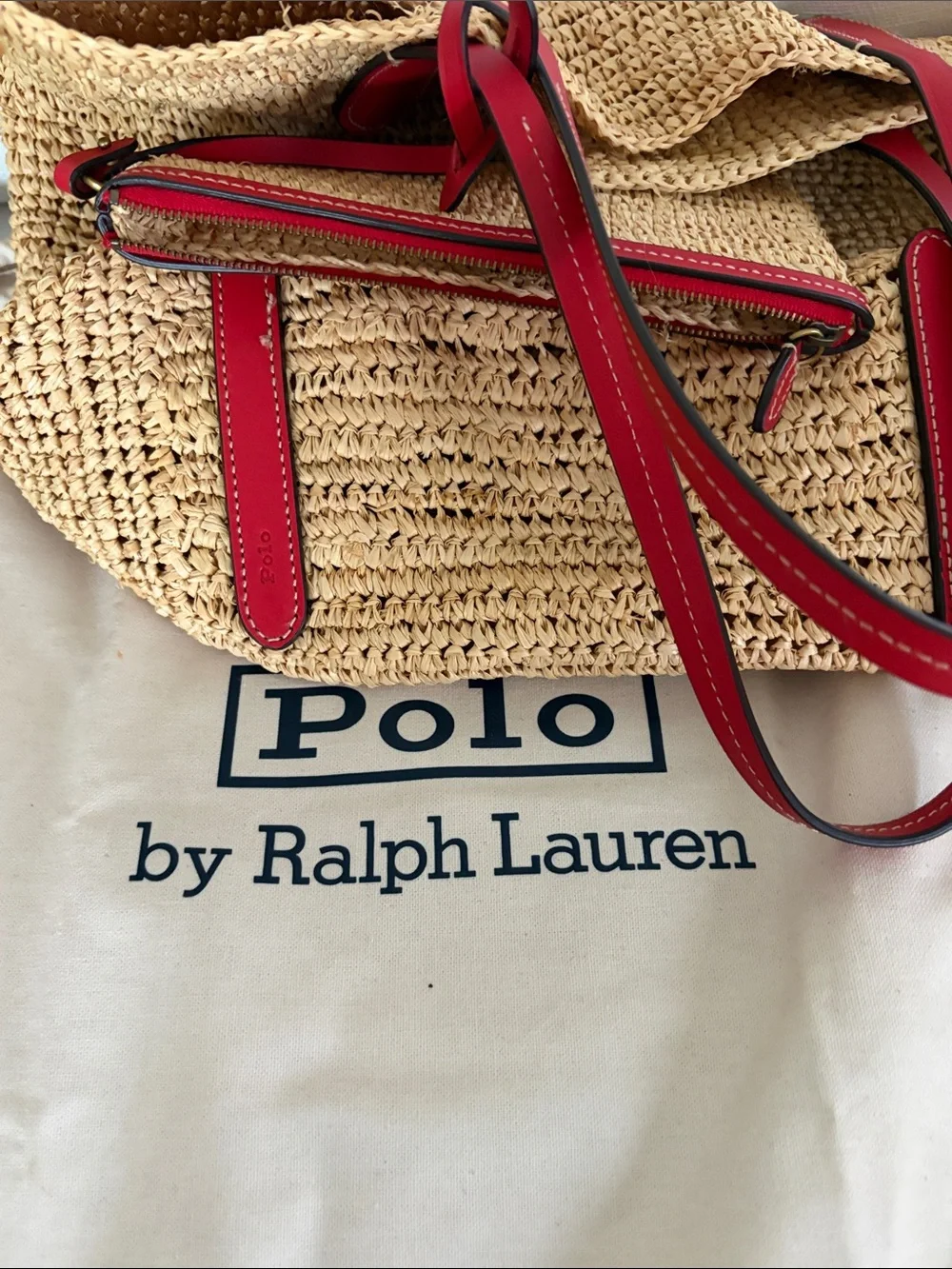 Polo by Ralph Lauren Natural Straw Tote with Red Trim